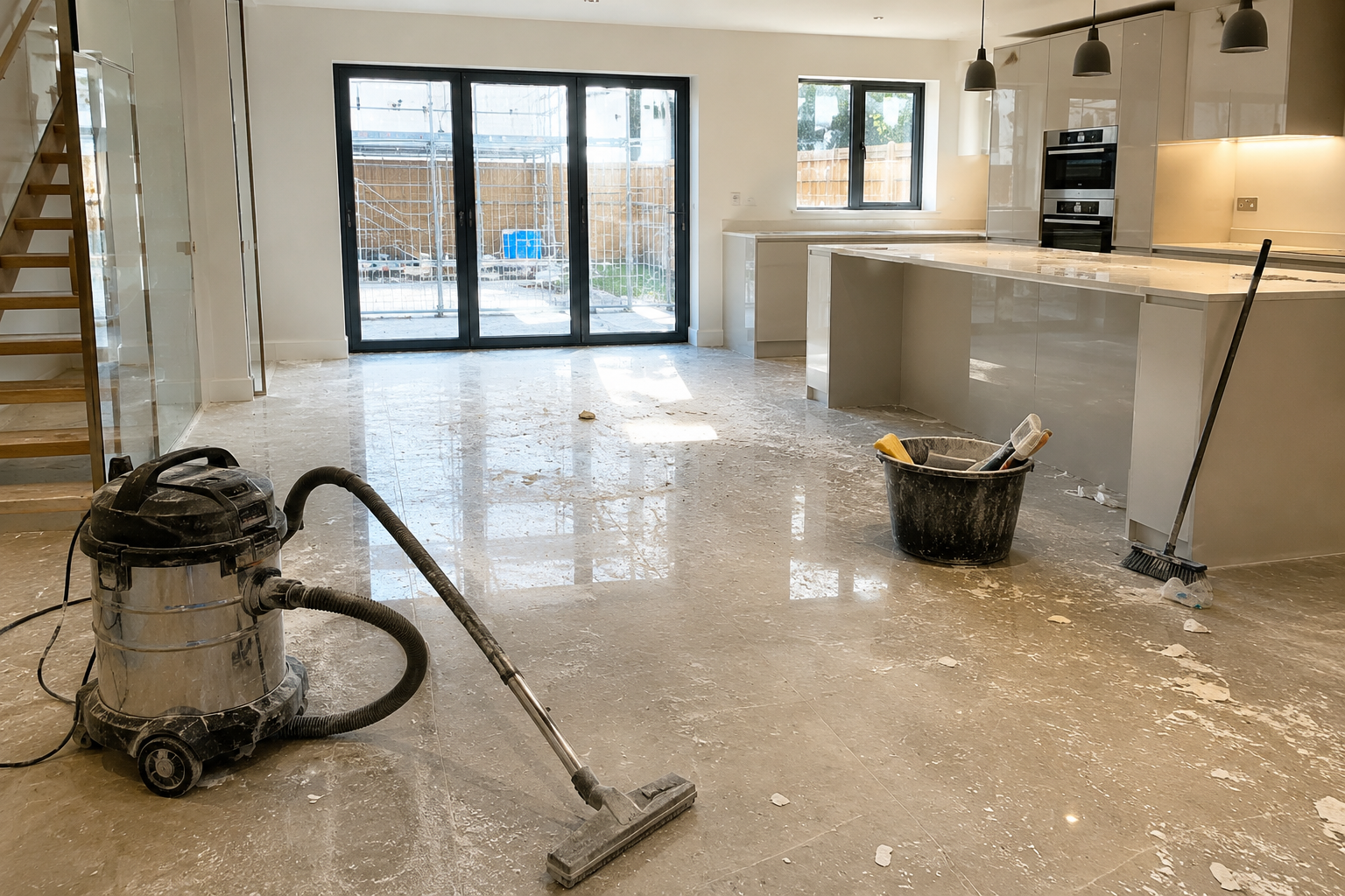 After builders cleaning in Manchester showing a newly renovated kitchen and living area with construction dust, debris, a vacuum, bucket and broom.